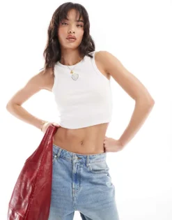 Pieces Diamonte Hotfix Starwberry Cropped Racer Neck Top In White For Women