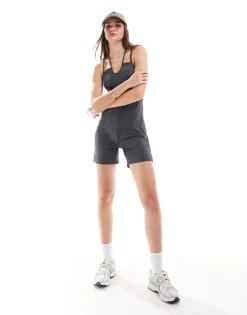 Pieces Cross Back Strap Unitard In Charcoal For Women