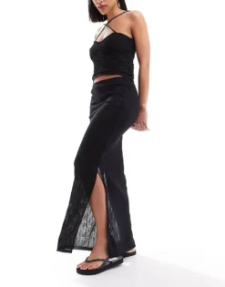 Pieces Ladder Lace Midi Skirt In Black For Women