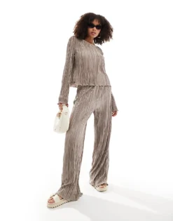 Pieces Plisse Wide Leg Trouser Co-ord In Stone For Women