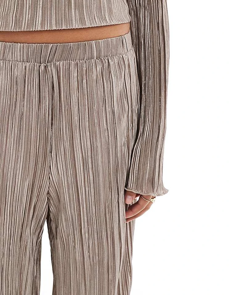 Pieces Plisse Wide Leg Trouser Co-ord In Stone For Women - Image 3