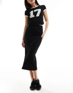 Pieces Ribbed Column Midi Skirt In Black For Women