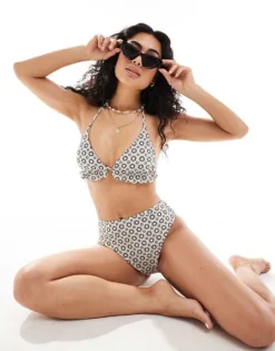 Pieces High Waisted Bikini Bottom Co-ord In Mono Solar Print For Women