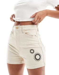 Pieces Cotton Beach Shorts With Mono Solar Print Embroidery In Cream For Women