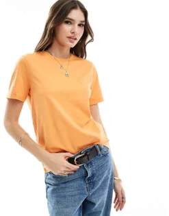 Pieces Cotton T-shirt With Fold Up Detail In Orange For Women Tangerine