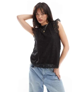 Pieces High Neck Sleeveless Lace Top In Black For Women