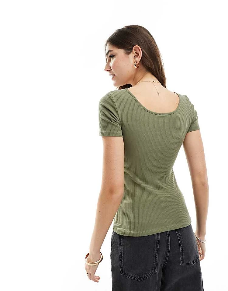 Pieces Ribbed Top With Poppers In Khaki Green For Women - Image 4