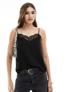 Pieces Cami Top With Lace Trim Detail In Black For Women