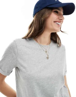 Pieces Cotton T-shirt With Fold Up Detail In Grey For Women Light Grey Melange