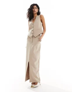 Pieces Tailored Waistcoat And Maxi Skirt Co-ord In Stone