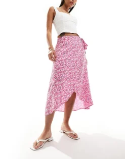 Pieces Wrap Midi Skirt In Pink Floral For Women