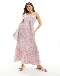 Pieces Frill Bottom Maxi Dress In Pink Floral Print For Women