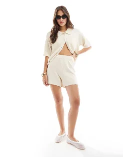 Pieces Knitted Short Co-ord In Cream For Women
