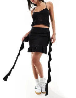 Pieces Festival Frill Detail Mini Skirt In Black For Women