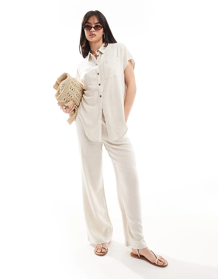 Pieces Tie Front Linen Shirt And Wide Leg Linen Trouser Co-ord In Cream - Image 4