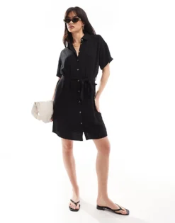 Pieces Tie Waist Linen Mini Shirt Dress In Black For Women