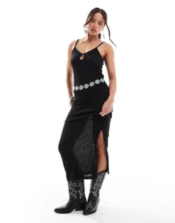 Pieces Festival Sheer Key Hole Maxi Cami Dress In Black For Women