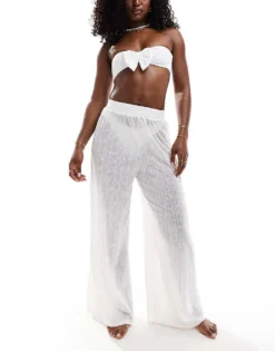 Pieces Ladder Lace Wide Leg Trousers In White For Women
