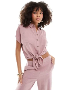 Pieces Tie Front Linen Shirt Co-ord In Pink For Women
