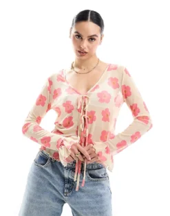 Pieces Mesh Tie Front Blouse With Red Floral Print In Cream For Women