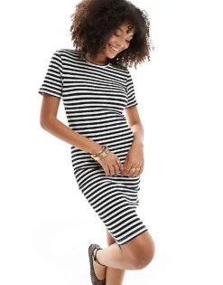 Pieces Ribbed T-shirt Mini Dress In Mono Stripe For Women