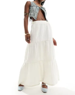 Pieces Festival Tiered Maxi Skirt In White For Women Cloud Dancer