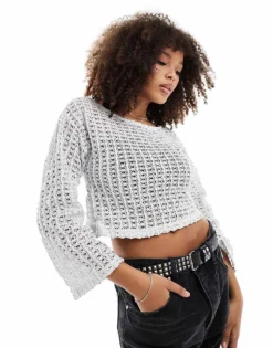 Pieces Festival Two Tone Crochet Wide Sleeve Top With In Metallic Silver For Women