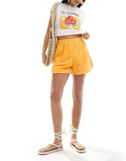 Pieces Towelling Beach Shorts In Orange For Women