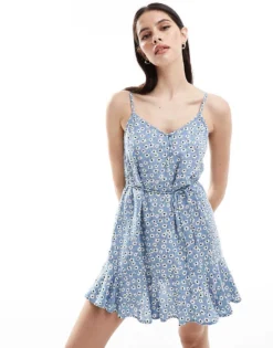 Pieces Tie Waist Cami Mini Dress In Blue Ditsy Floral For Women