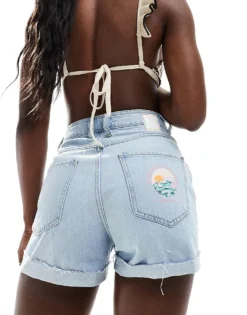 Pieces 'Miami Beach Surf Club' Denim Shorts With Turn Up In Light Wash Blue For Women Light Blue