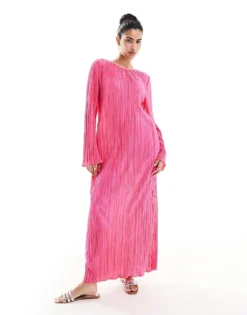 Pieces Plisse Maxi Dress With Side Splits In Bright Pink For Women