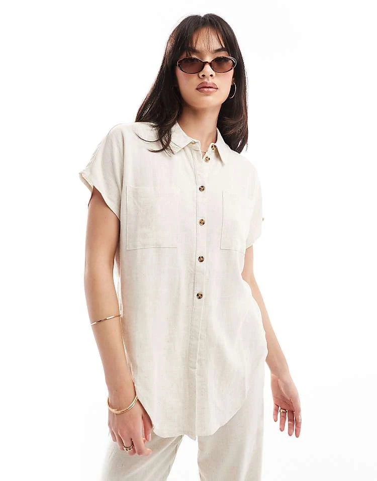 Pieces Tie Front Linen Shirt And Wide Leg Linen Trouser Co-ord In Cream - Image 2