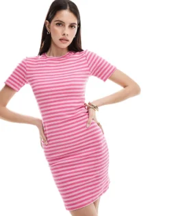Pieces Ribbed T-shirt Mini Dress In Pink Stripe For Women Hot Pink