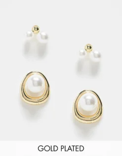 Pieces Drop Pearl And Stud 2-pack Earrings In Gold For Women Gold & Pearl