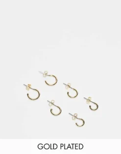 Pieces 18k Plated 3-pack Everyday Huggie And Hoop Earrings In Gold For Women