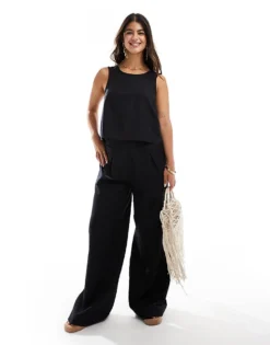 Pieces Linen Wide Leg Trousers Co-ord In Black For Women
