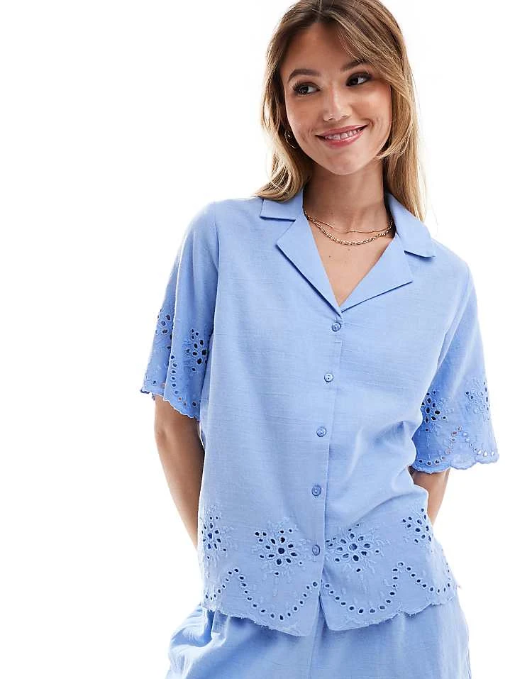 Pieces Broderie Shirt And Shorts Co-ord In Hydrangea Blue - Image 2