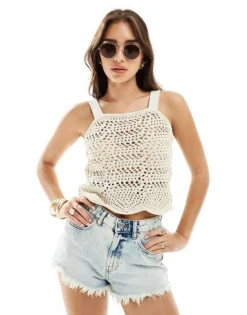 Pieces Crochet Cami Top With Wave Hem In Cream For Women