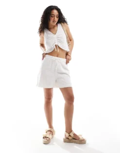 Pieces Crinkle Tie Waist Shorts Co-ord In White For Women