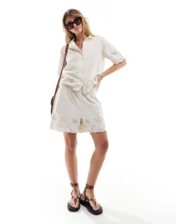 Pieces Broderie Shorts Co-ord In Cream For Women