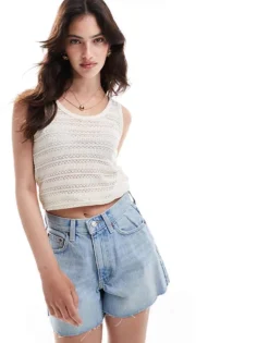 Pieces Lace Racer Neck Vest Top In Cream For Women