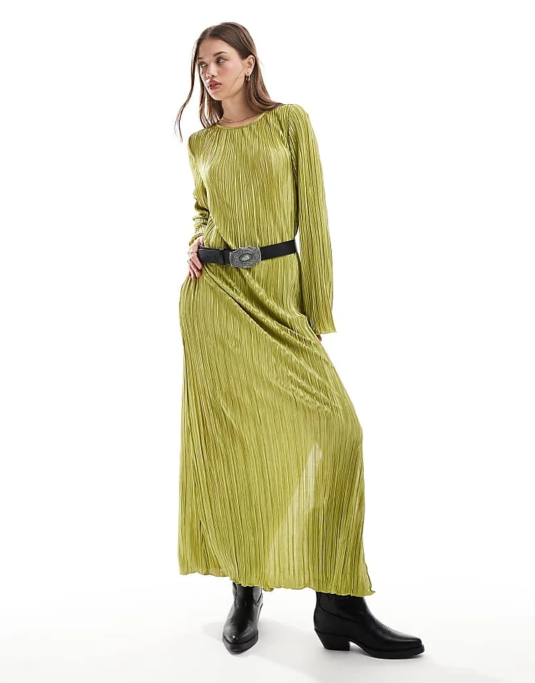 Pieces Plisse Maxi Dress With Side Splits In Green For Women