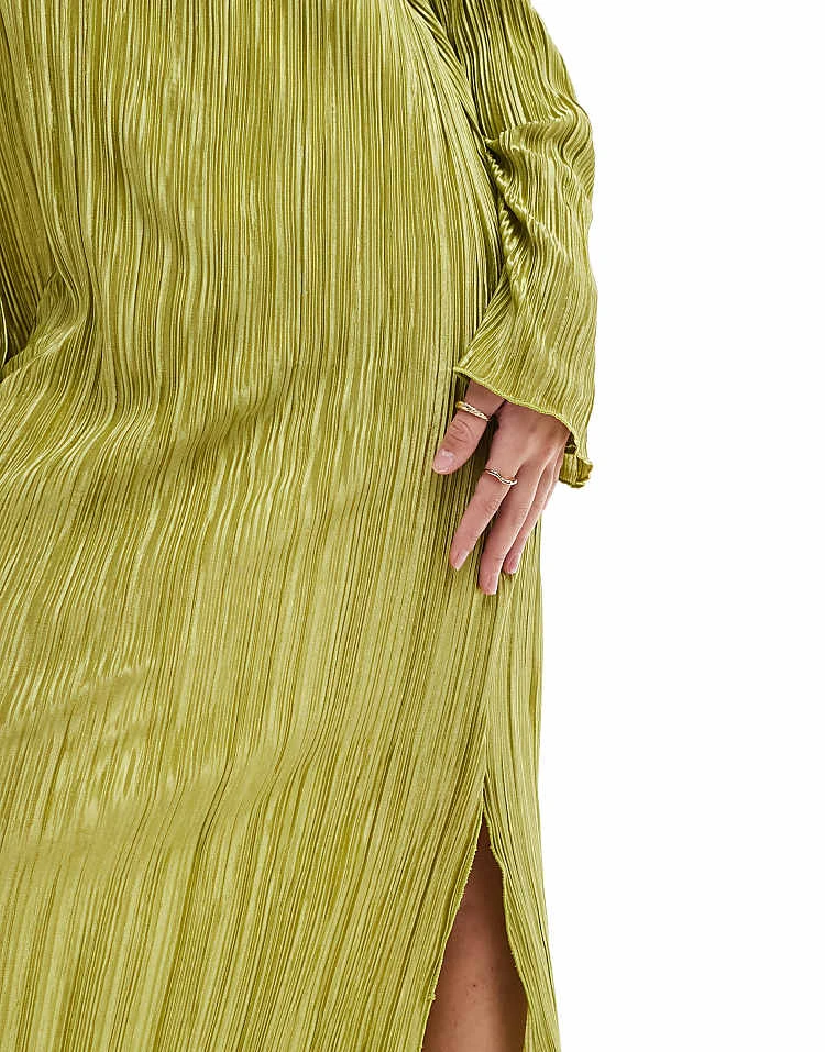 Pieces Plisse Maxi Dress With Side Splits In Green For Women - Image 3