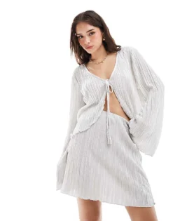 Pieces Plisse Mini Skirt Co-ord In Silver For Women