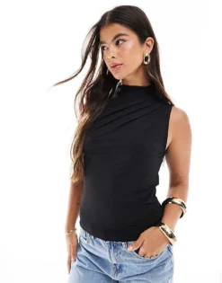 Pieces Drape Neck Sleeveless Top In Black For Women