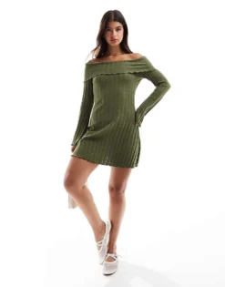 Pieces Off The Shoulder Ribbed Mini Dress With Lettuce Edge Detail In Khaki For Women