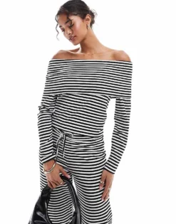 Pieces Ribbed Jersey Bandeau Top Co-ord In Mono Stripe For Women