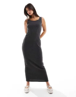 Pieces Textured Scoop Neck Sleeveless Maxi Dress In Washed Grey For Women Dark Grey