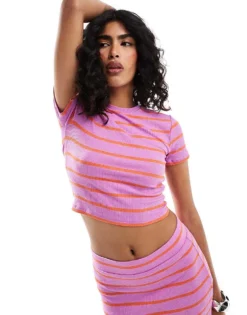 Pieces Cropped Jersey T-shirt Co-ord In Pink And Orange Stripe For Women Multi