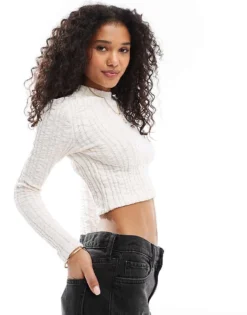 Pieces Textured Long Sleeved Top In Cream For Women